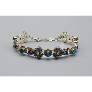 Sajen Blue Topaz Stone & Sterling Silver Link Chain Bracelet 925 Stamp 35.71g 9"